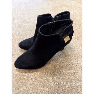 Vince Camuto Lokarie Black Suede Ankle Booties Boots Gold Medallion Size 8M